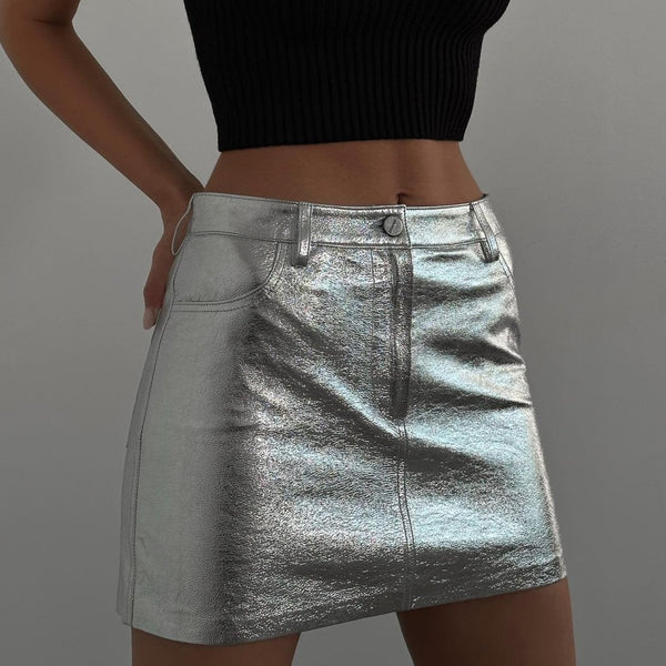 A Change Of Heart Silver Leather Mini Skirt