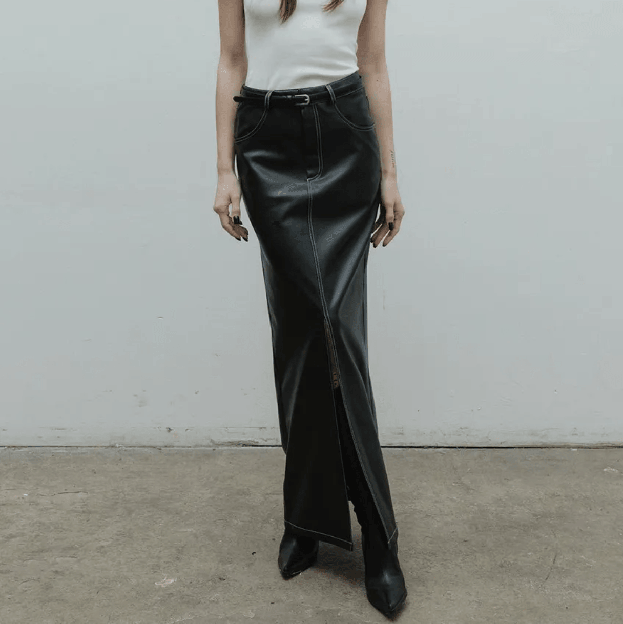 Black Liqueur Faux Leather Slit Maxi Skirt - Long Skirts - Mermaid Way