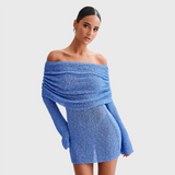 One Kiss Off Shoulder Boucle Mini Dress