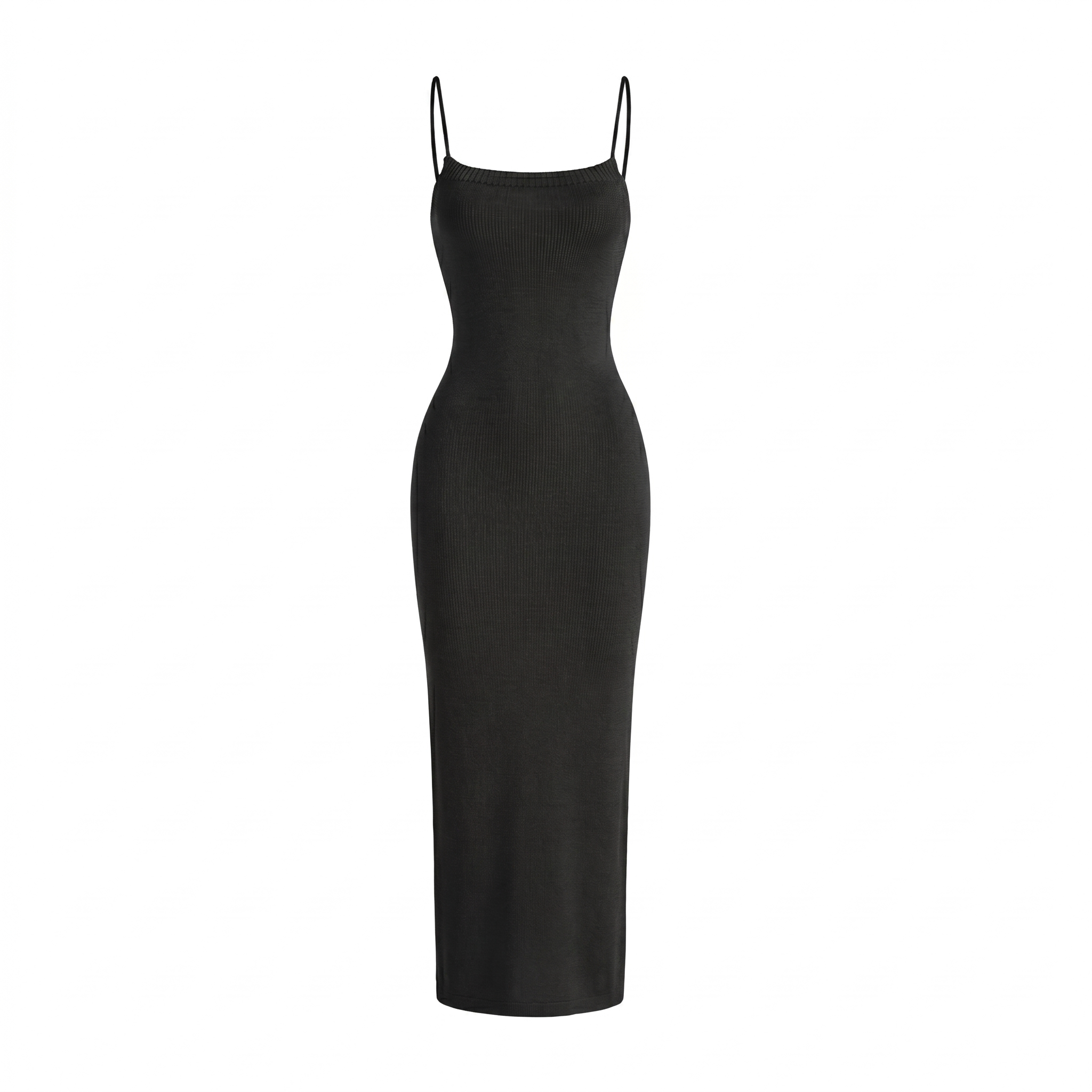 Black slip dress with thin straps on a white background