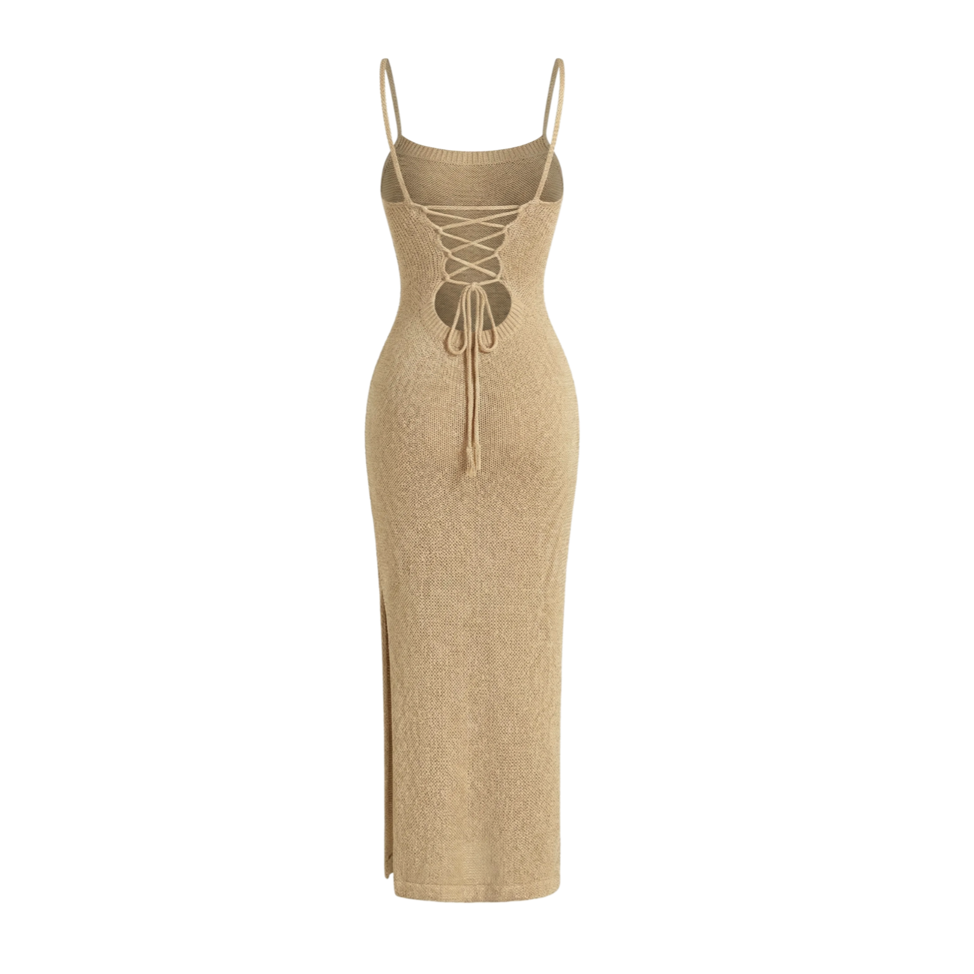 Beige lace-up dress on a white background