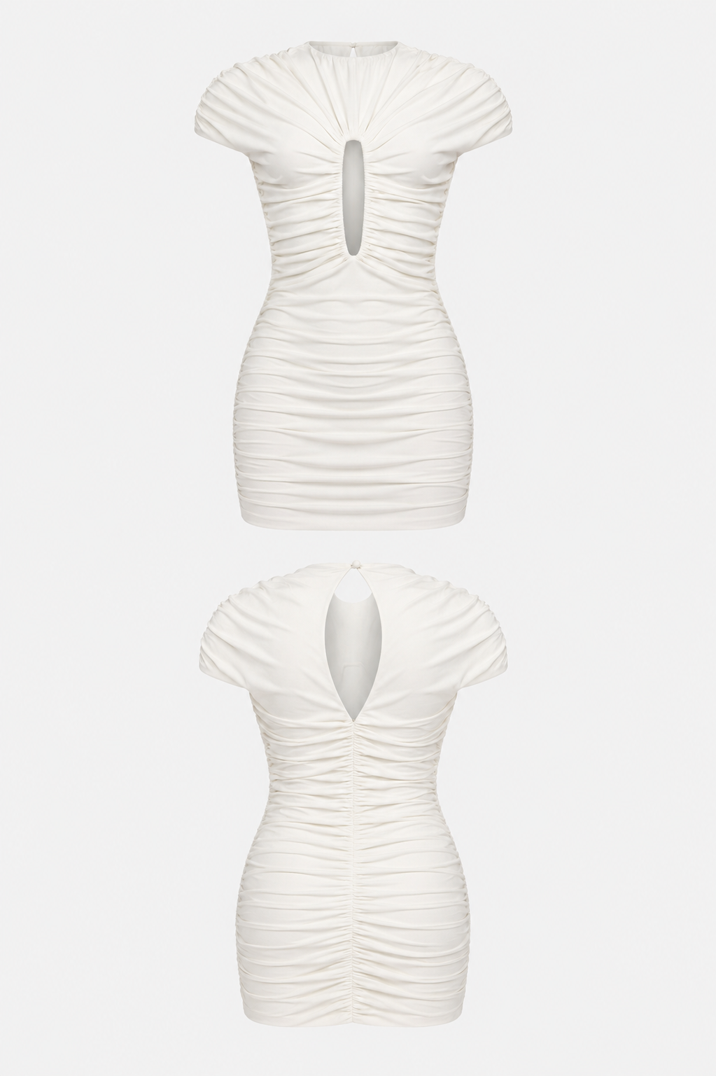 Becklyn ruched keyhole mini dress in off-white, full-length editorial look