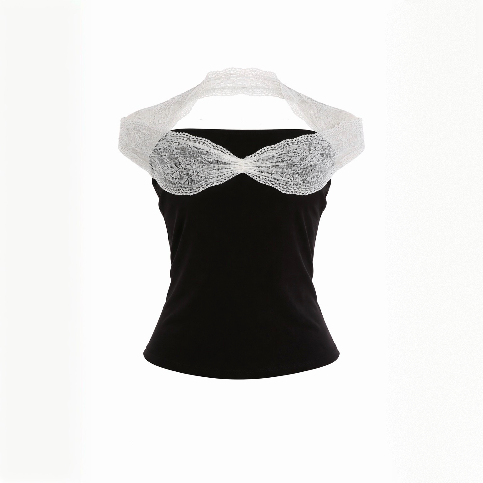 Black top with white lace bralette on a white background