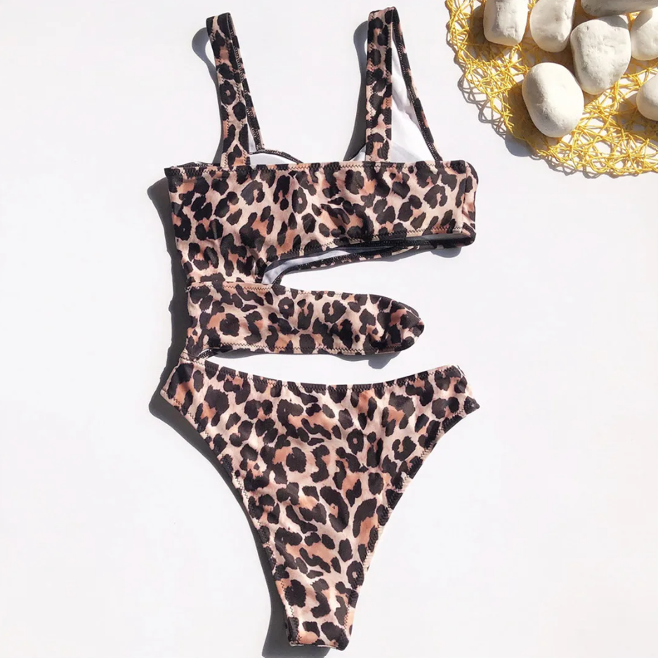 Leopard print bikini set on a white background