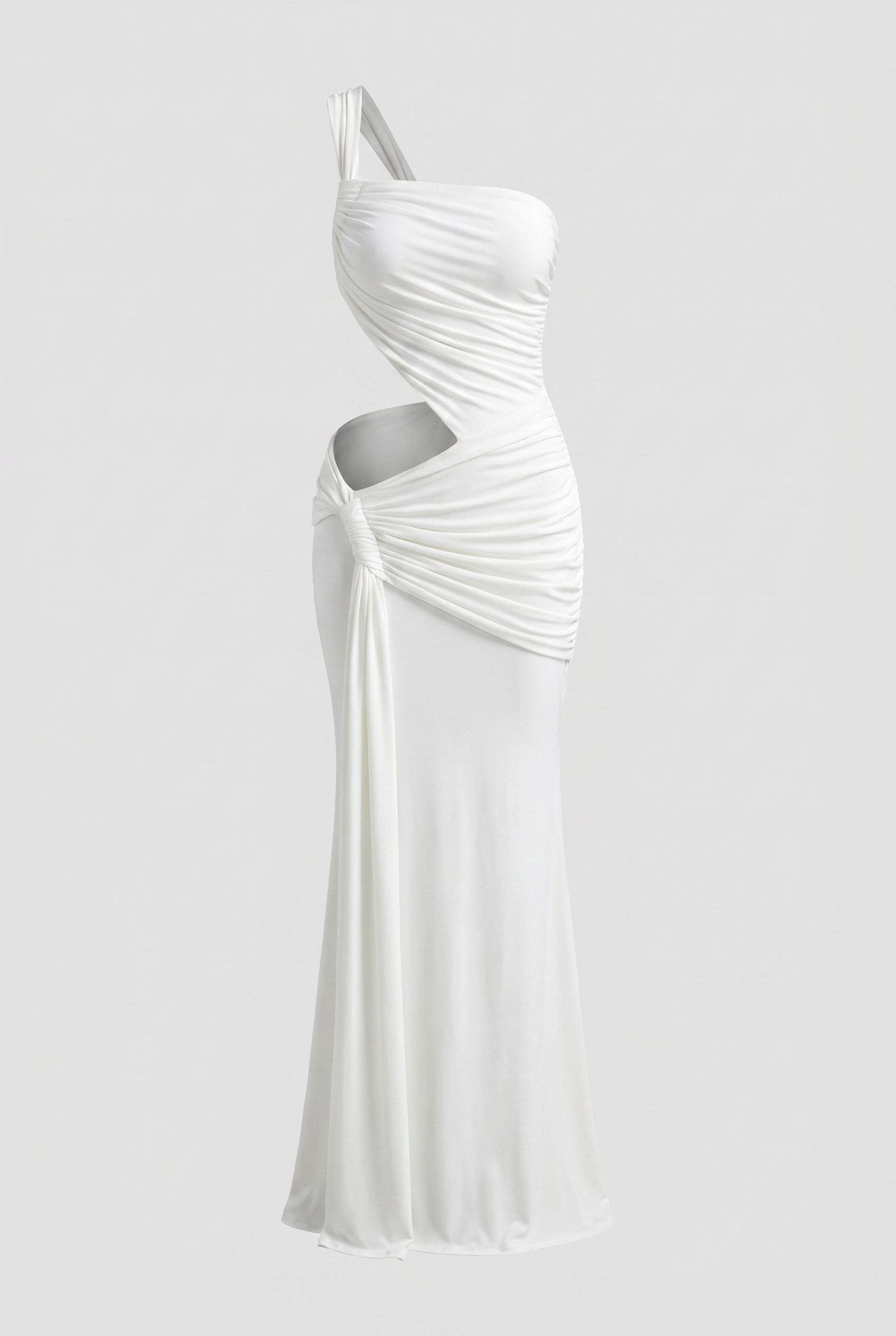 White one-shoulder floor-length dress with asymmetric waist cut-out, evening look
