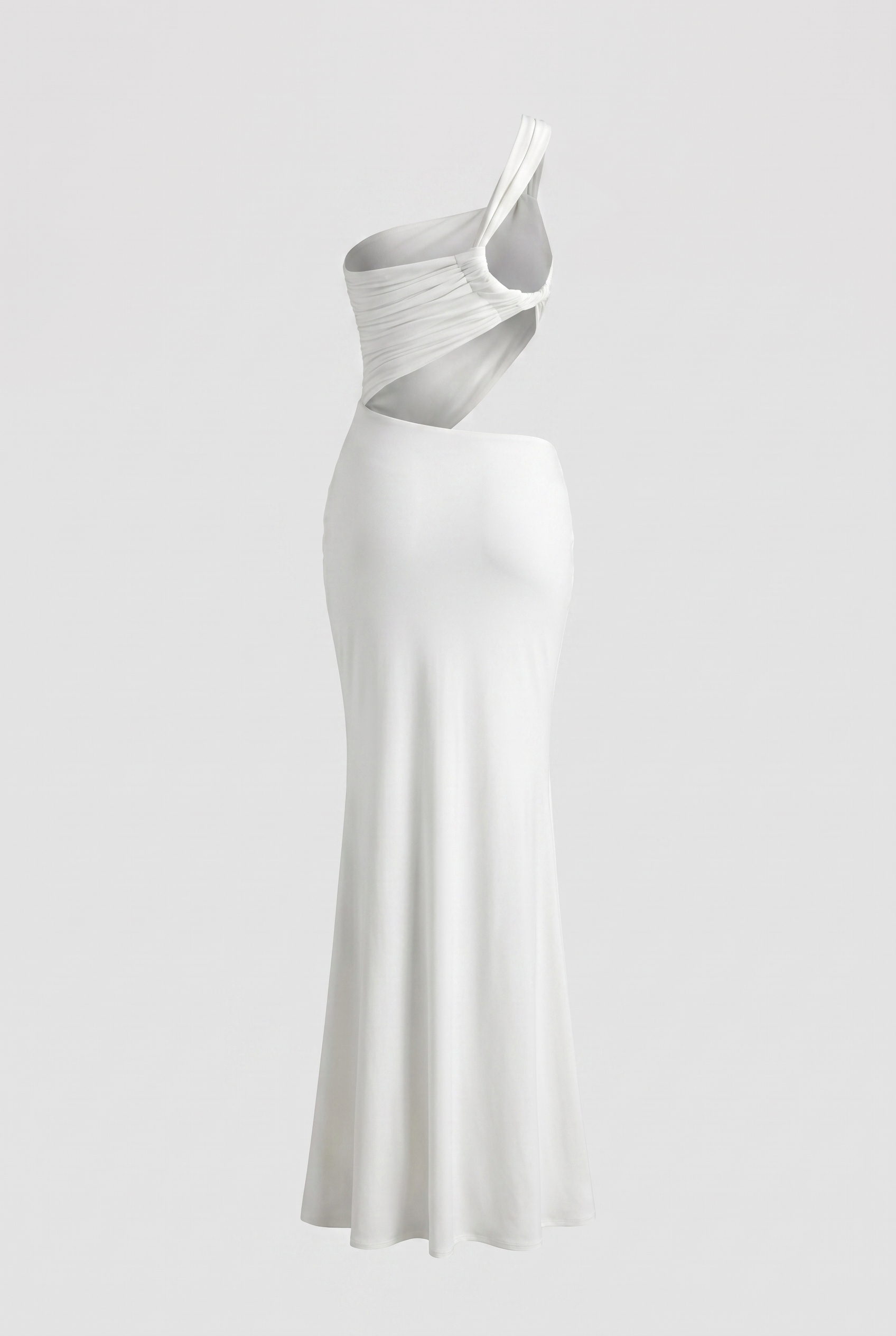 Caprice white asymmetric maxi dress with cut-out detail, full-length editorial shot