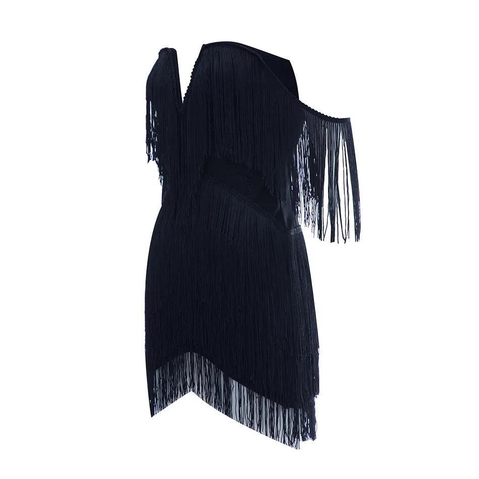 Black fringe dress on a white background