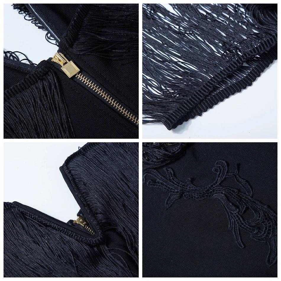 Black fringe jacket with gold zipper and embroidery details on a white background