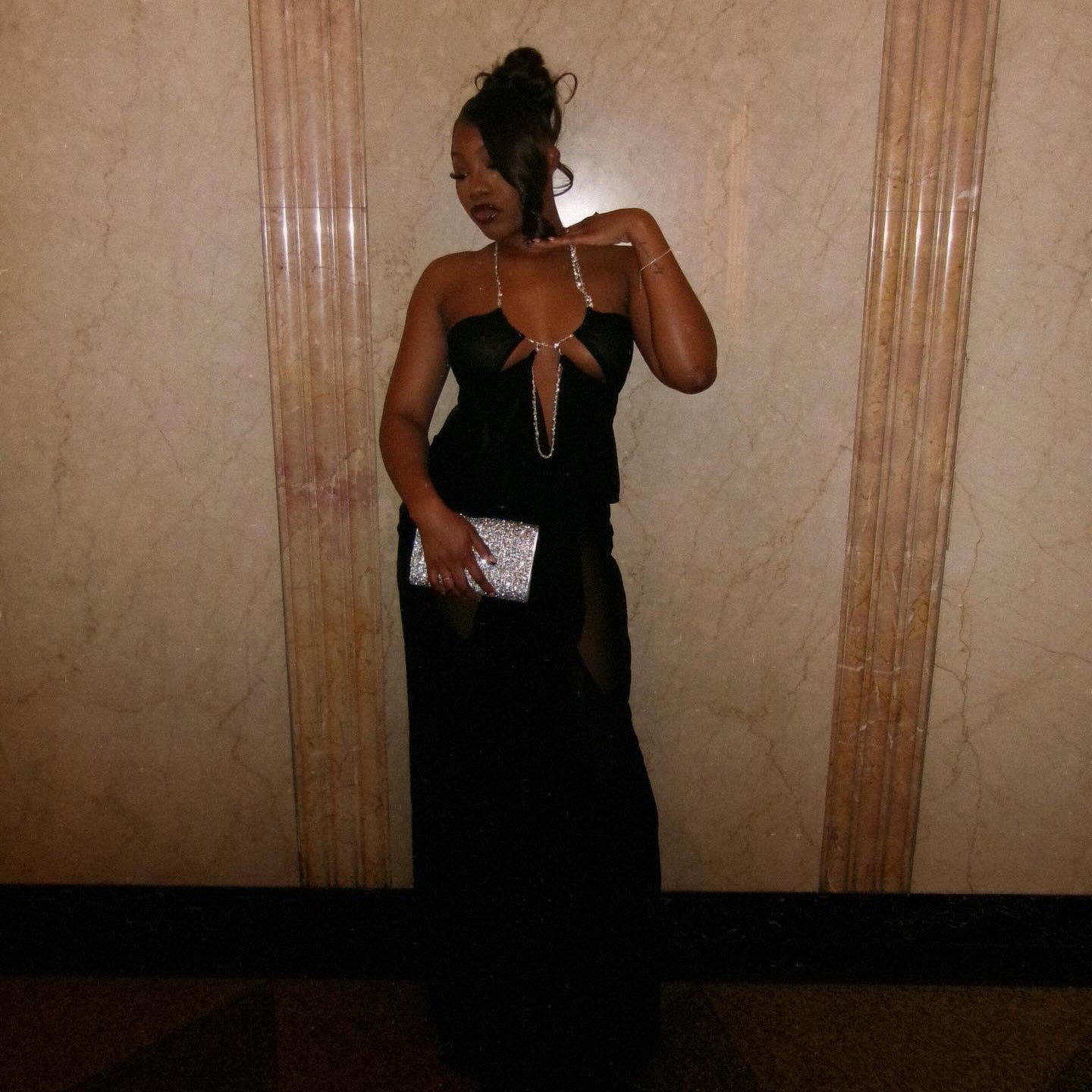 Coral Cascade Sheer Draped Black Maxi Dress | Mermaid Way