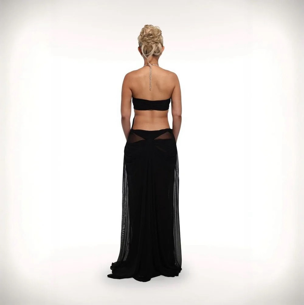 Person wearing a black strapless gown with sheer panels on a white background