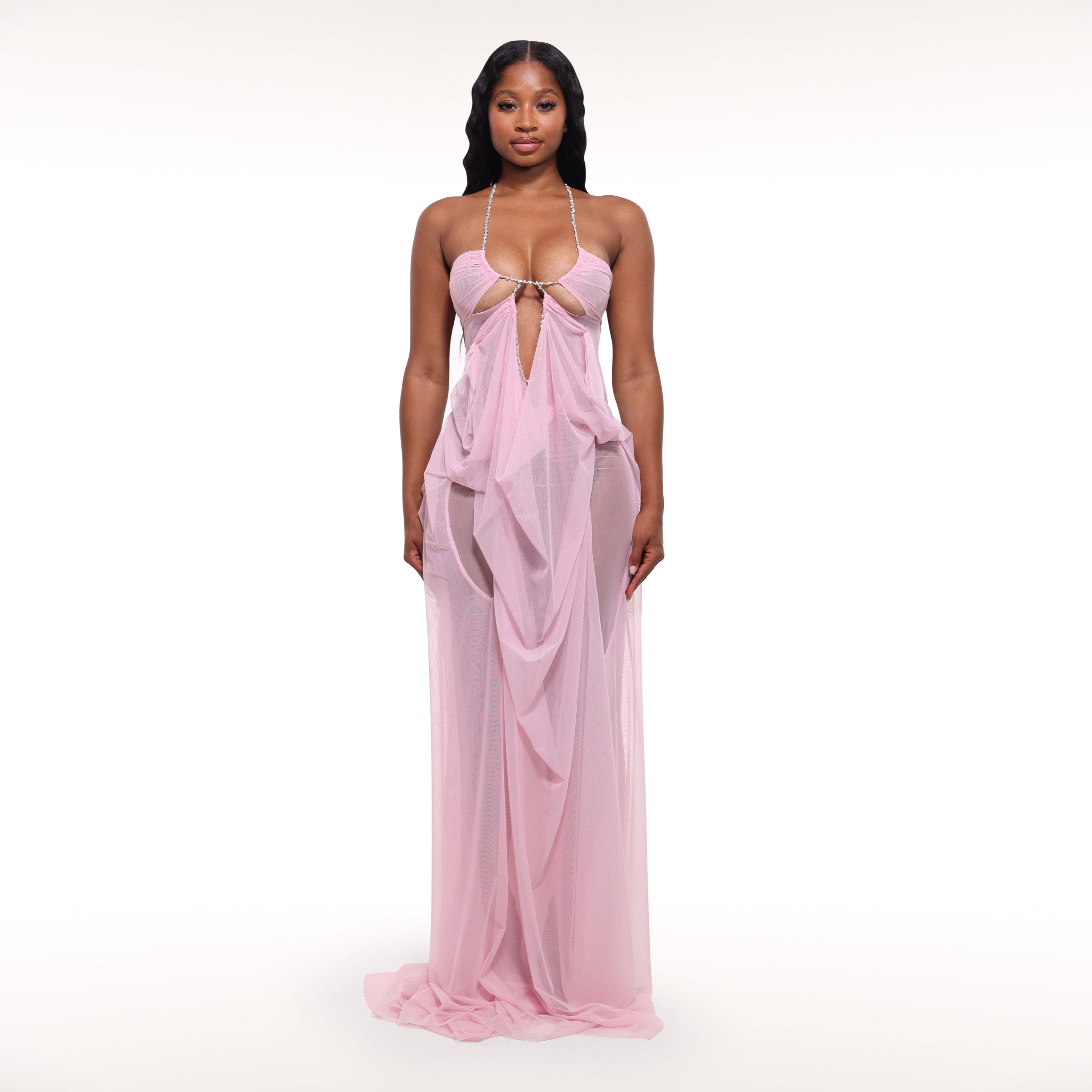 Coral Cascade Sheer Draped Pink Maxi Dress | Mermaid Way Coral Cascade Sheer Draped Pink Maxi Dress | Mermaid Way