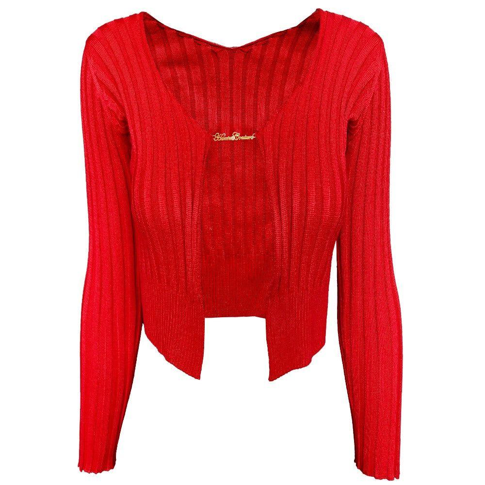 Red ribbed sweater with a brand logo on a white background