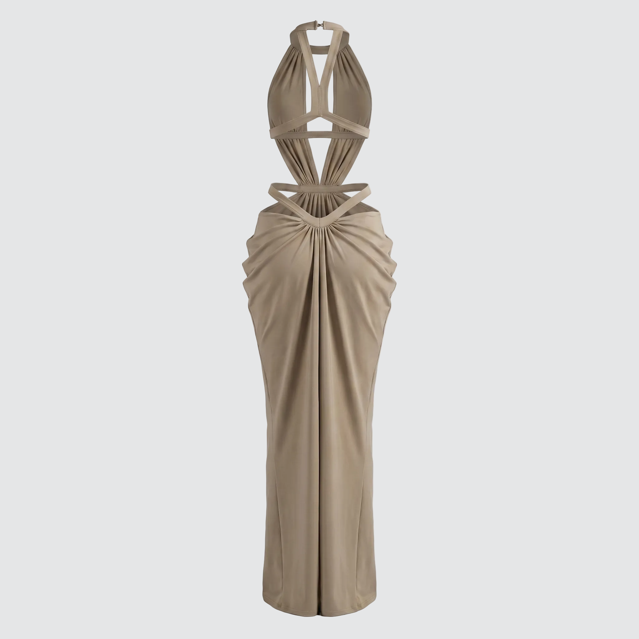 Beige evening gown with cut-out design on a light gray background