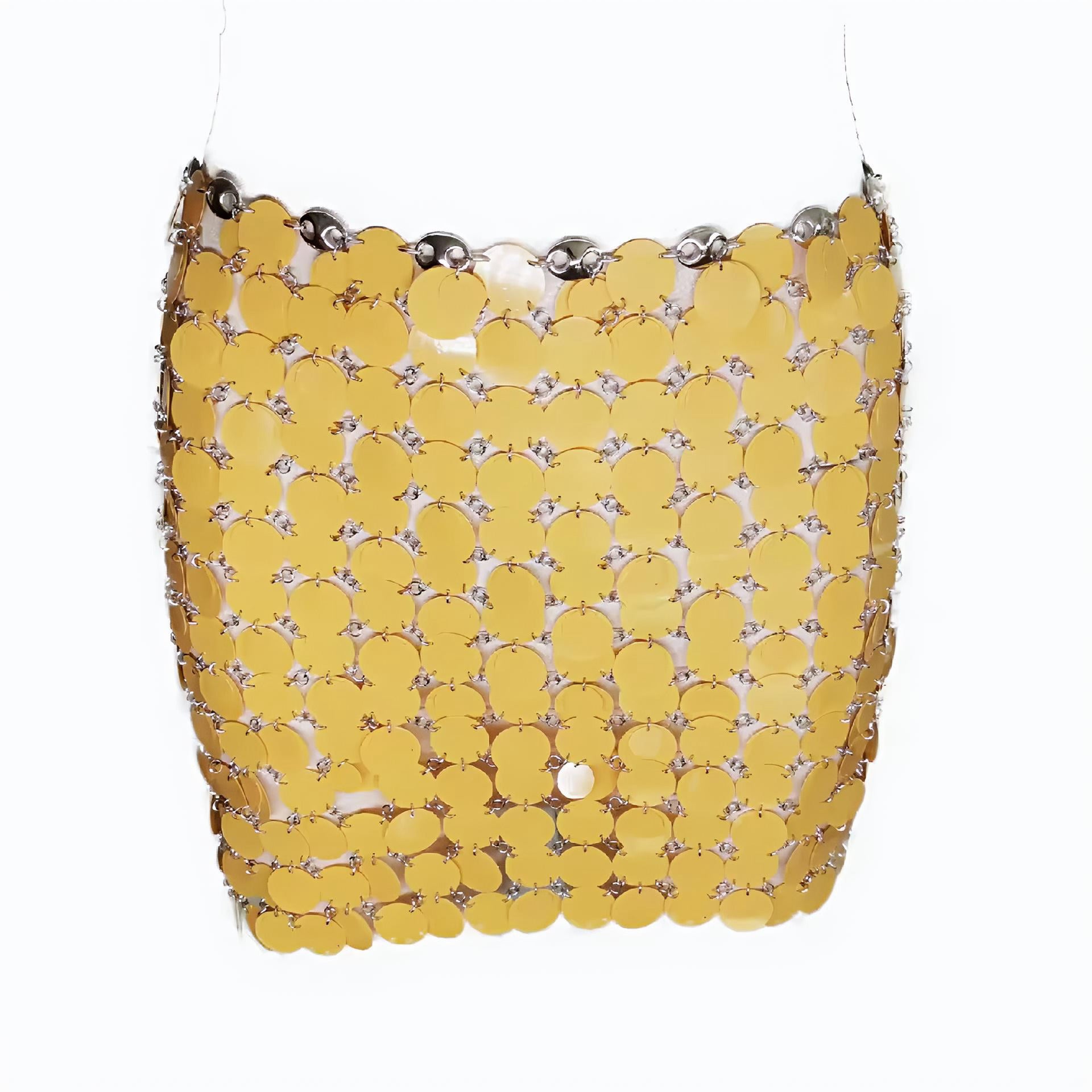Yellow sequin skirt with a pattern on a white background