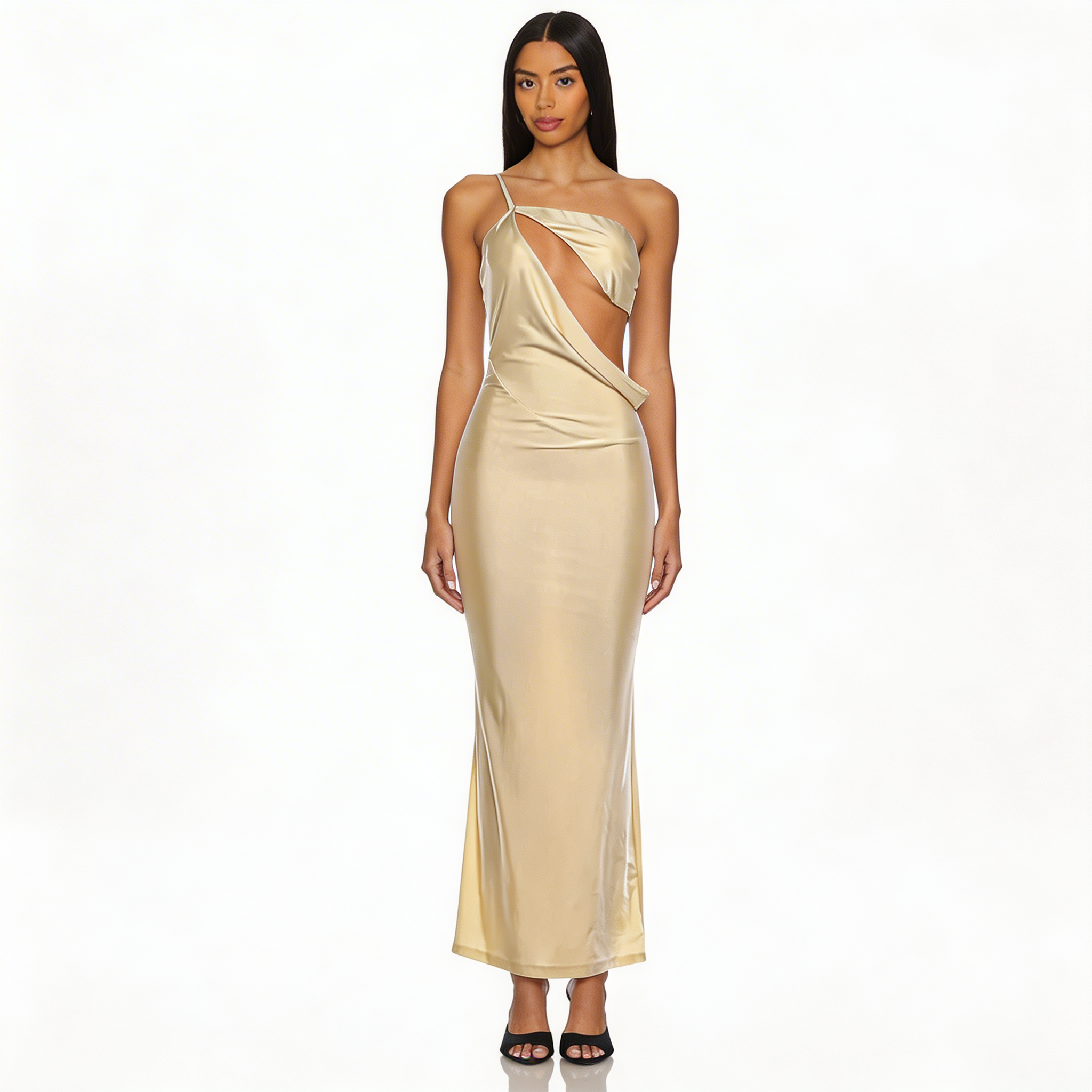 Woman wearing a gold evening gown on a white background