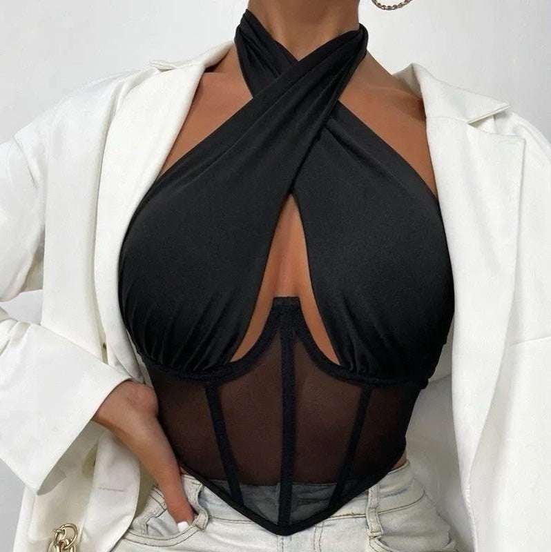 mesh and satin halter top, party outfit