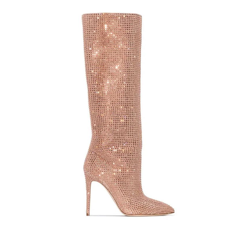 Rose gold knee-high boot with rhinestone embellishments on a white background