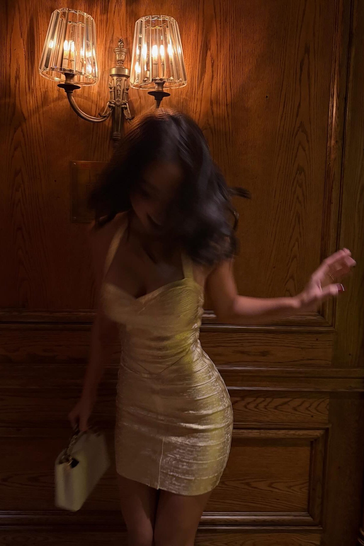Gloss Muse gold mini dress, elevator mirror photo with metallic shine