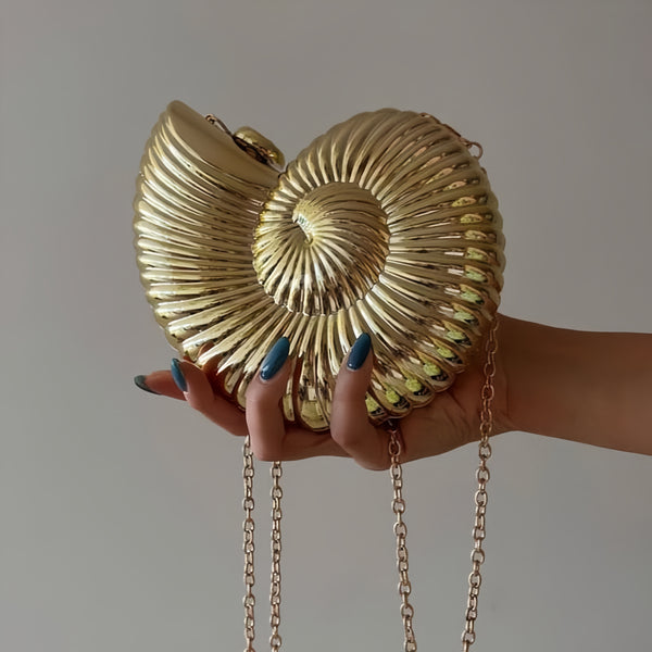 gold nautilus shell clutch bag with chain strap