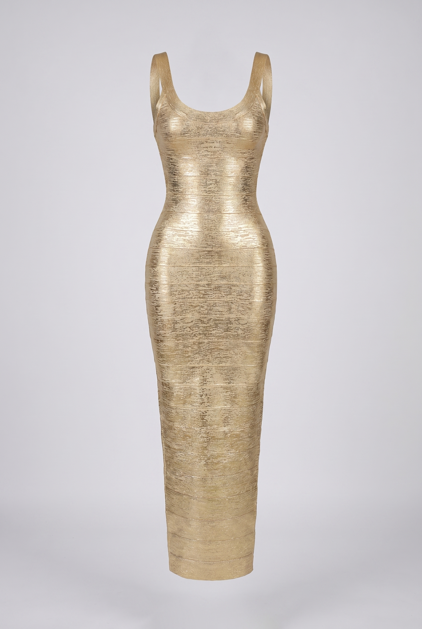 Iconic Angle gold metallic bandage dress, night-out styling shot