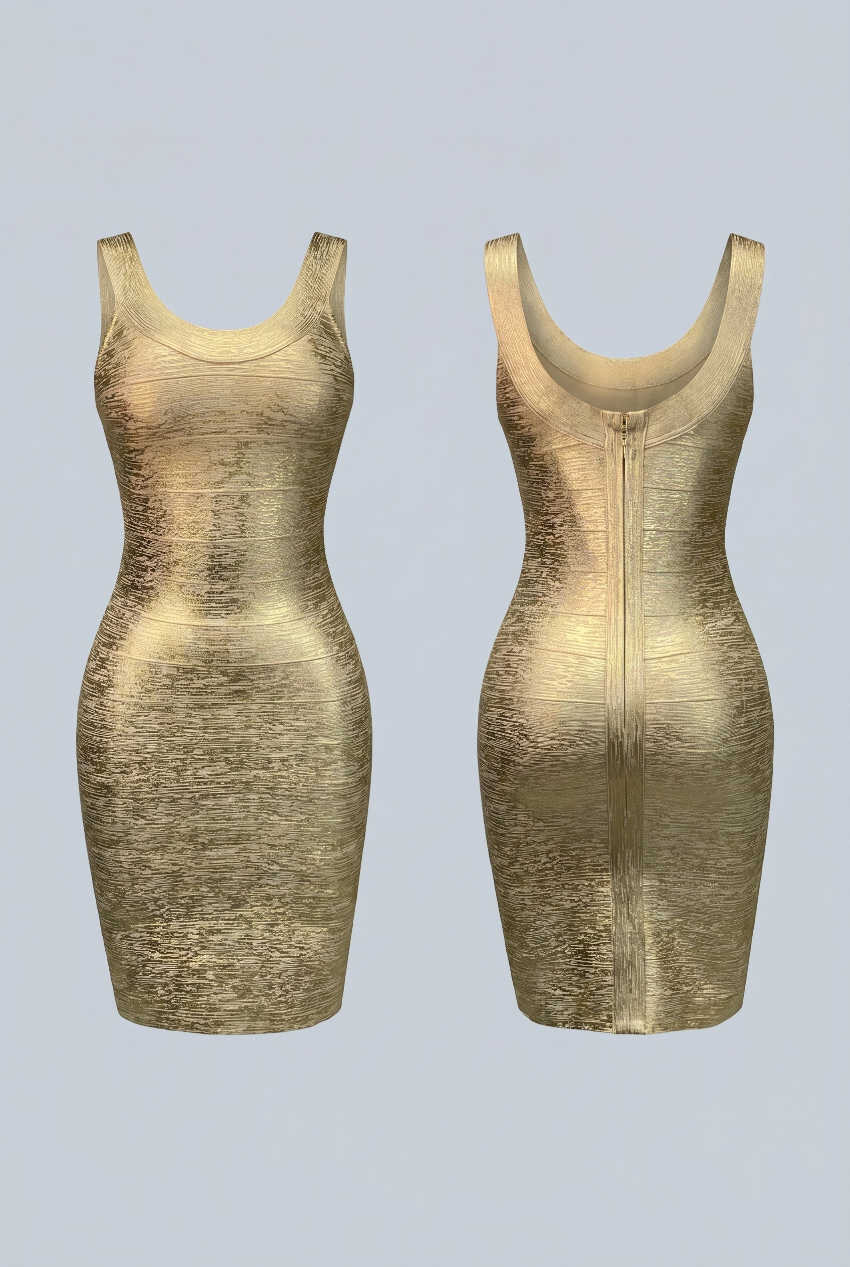 Iconic Angle gold metallic bandage mini dress, night-out styling shot