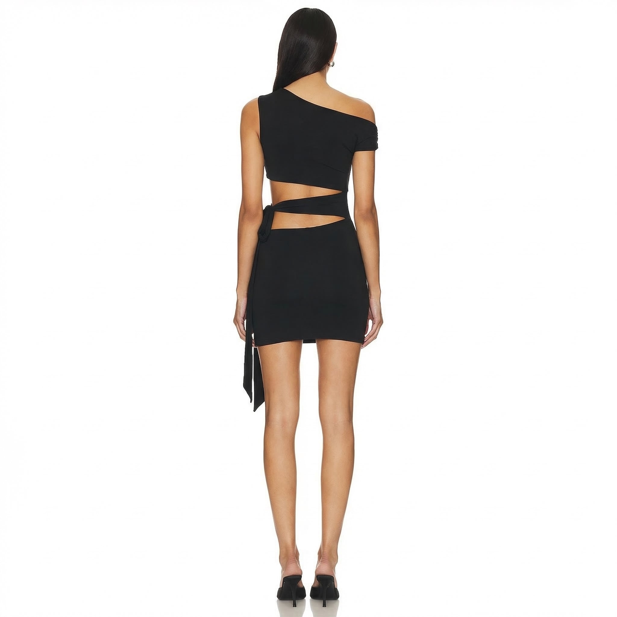 Black one-shoulder dress with cut-out design on a white background