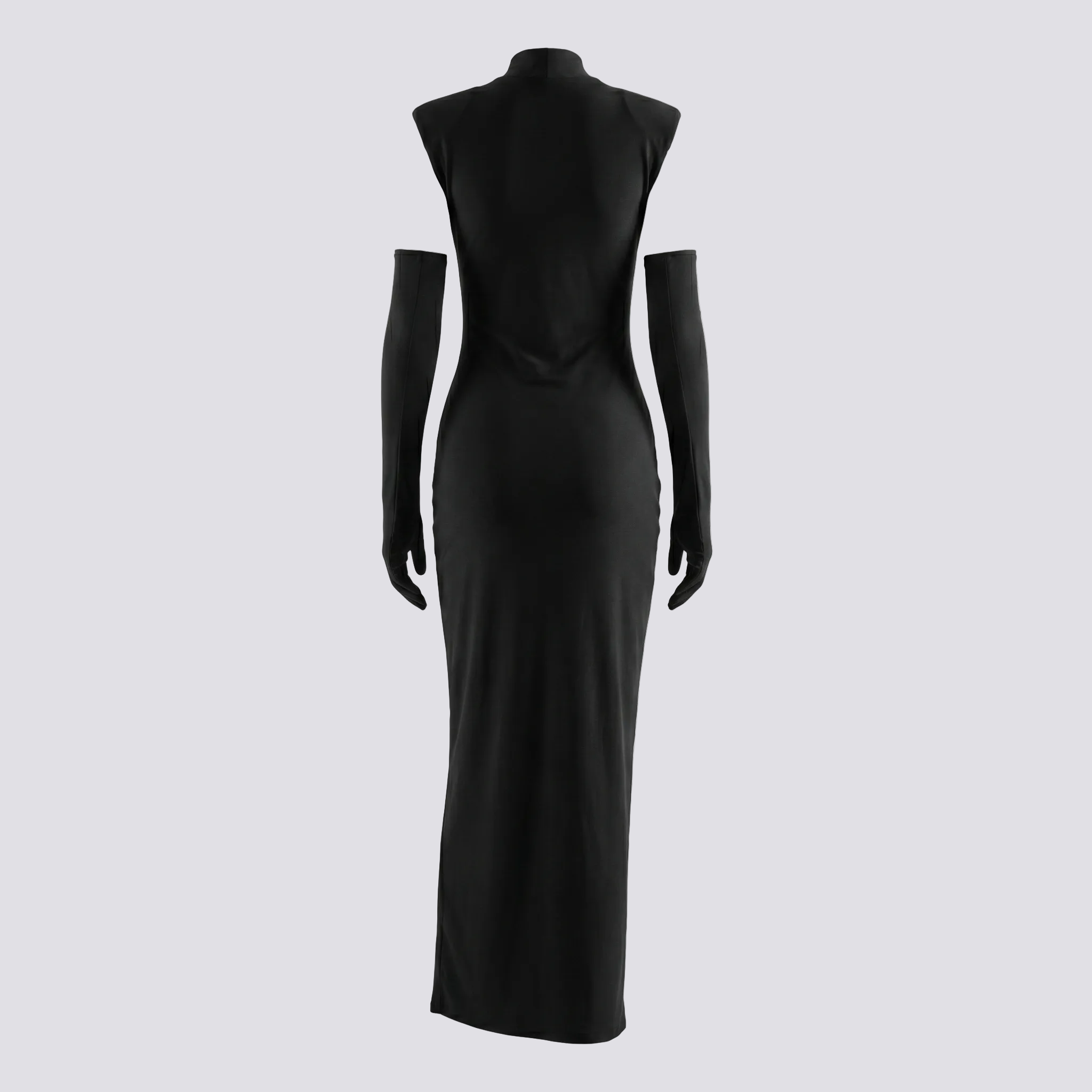 Black sleeveless maxi gown with sculpted shoulders and matching opera gloves, formal evening look