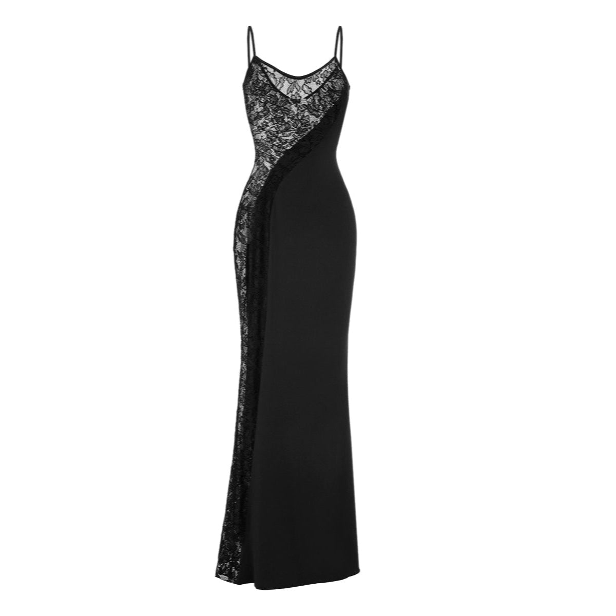 Black evening gown with lace detailing on a white background