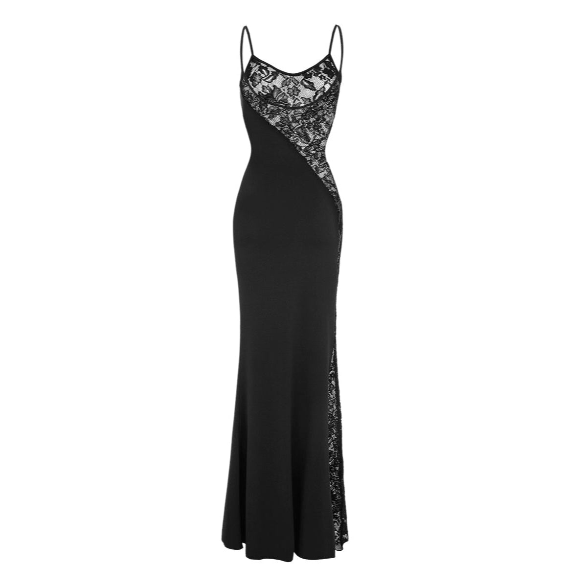 Black evening gown with lace detailing on a white background