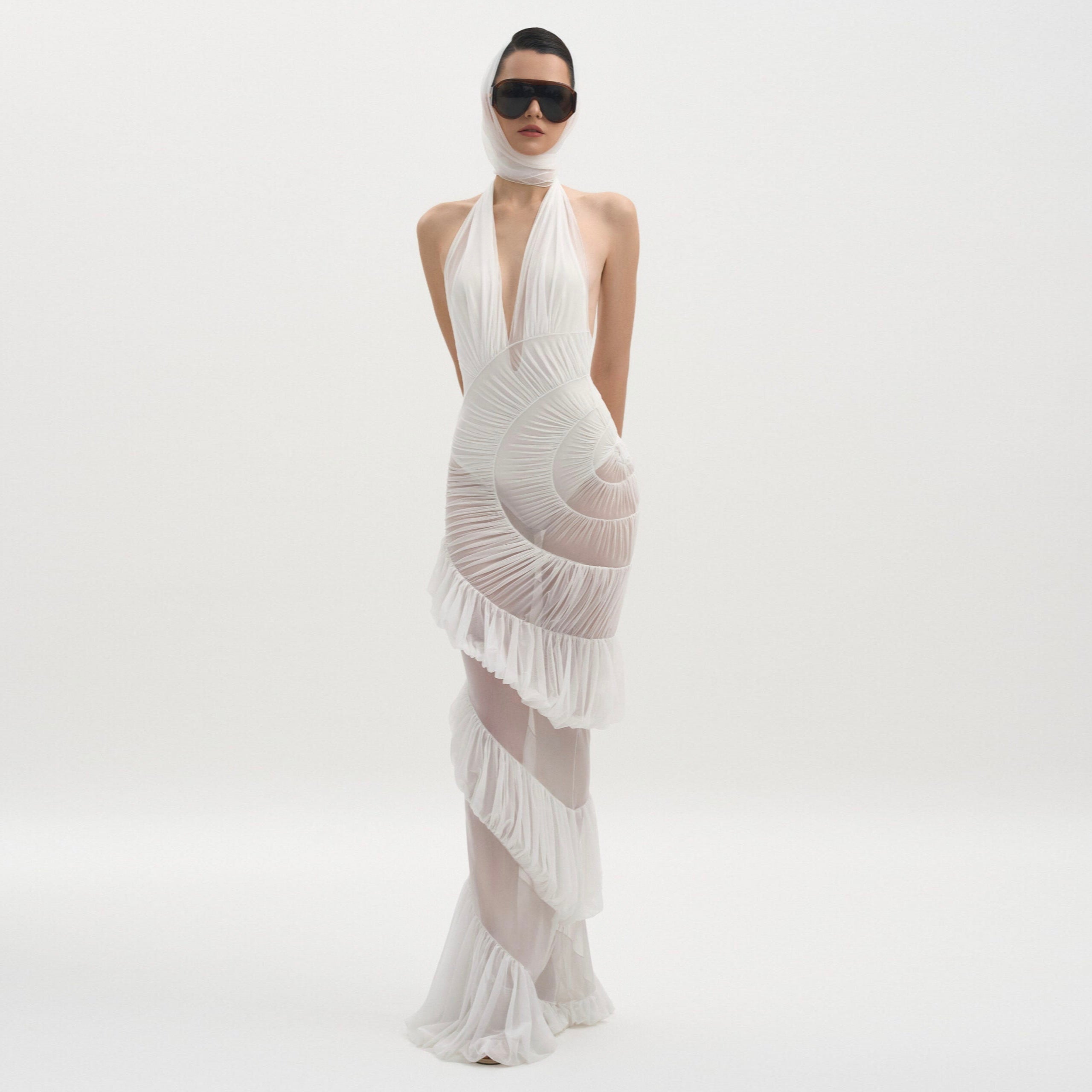 Plot Twist White Sheer Halter Maxi Dress With Built-In Bodysuit, S Plot Twist White Sheer Halter Maxi Dress With Built-In Bodysuit, S