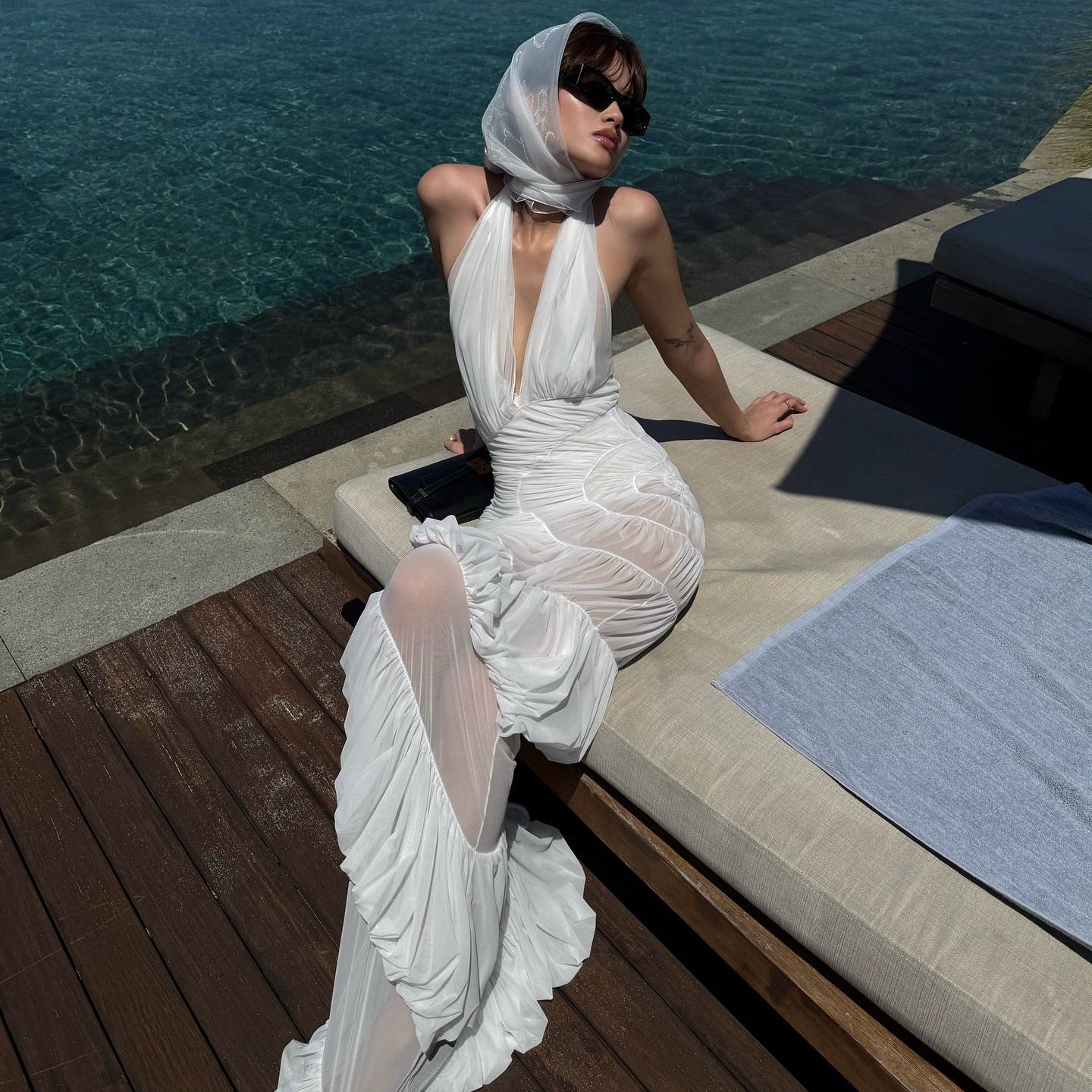 Plot Twist White Sheer Halter Maxi Dress With Built-In Bodysuit, S Plot Twist White Sheer Halter Maxi Dress With Built-In Bodysuit, S
