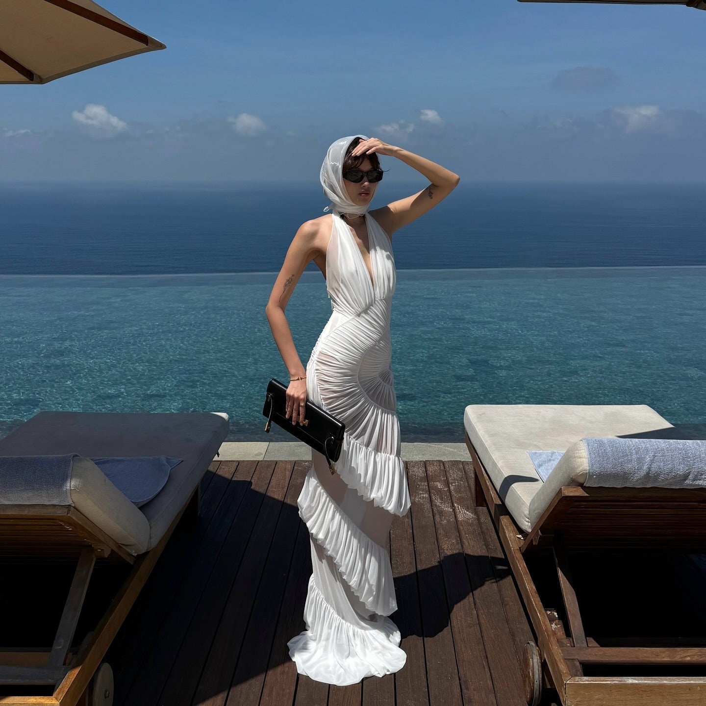 Plot Twist White Sheer Halter Maxi Dress With Built-In Bodysuit, S Plot Twist White Sheer Halter Maxi Dress With Built-In Bodysuit, S