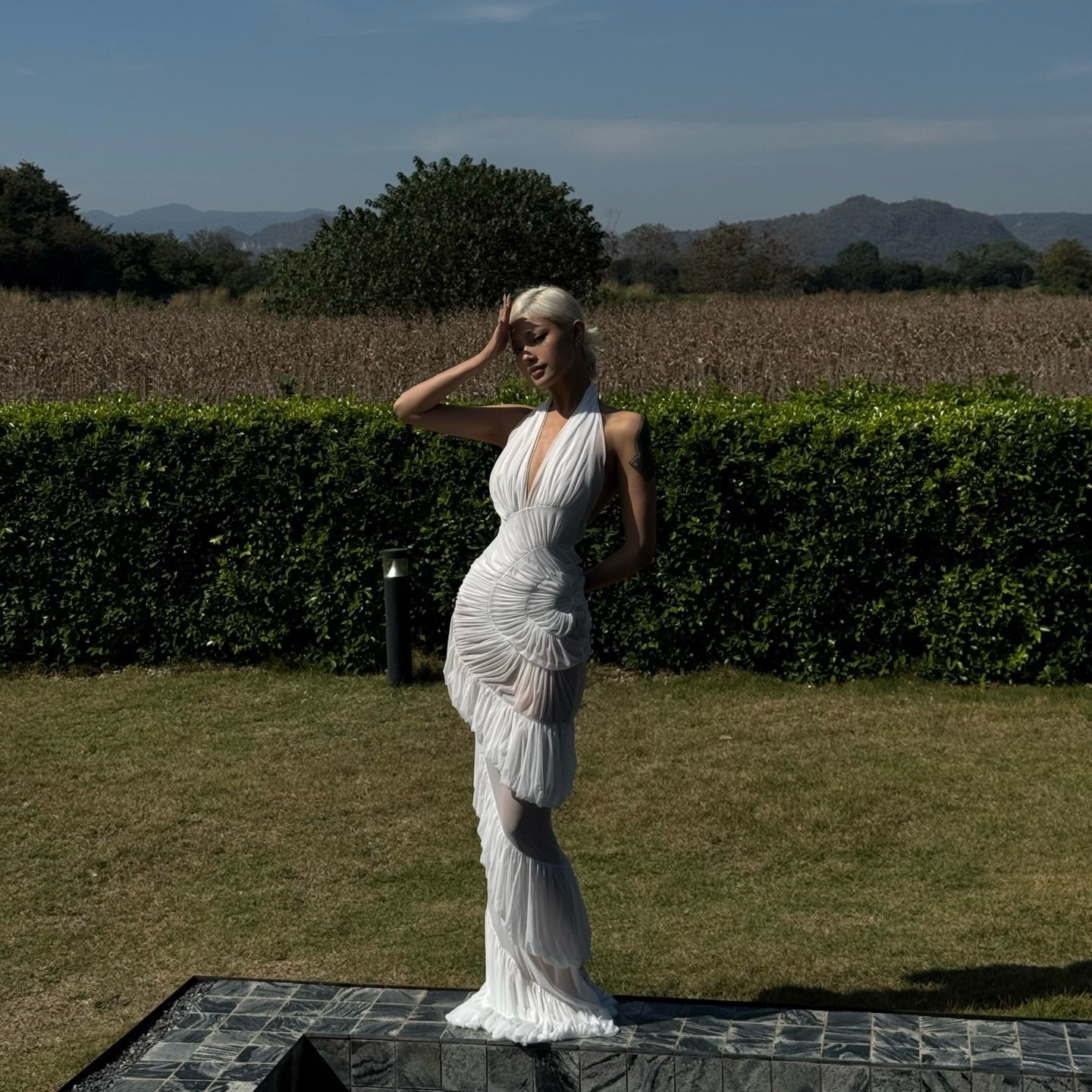 Plot Twist White Sheer Halter Maxi Dress With Built-In Bodysuit, S Plot Twist White Sheer Halter Maxi Dress With Built-In Bodysuit, S