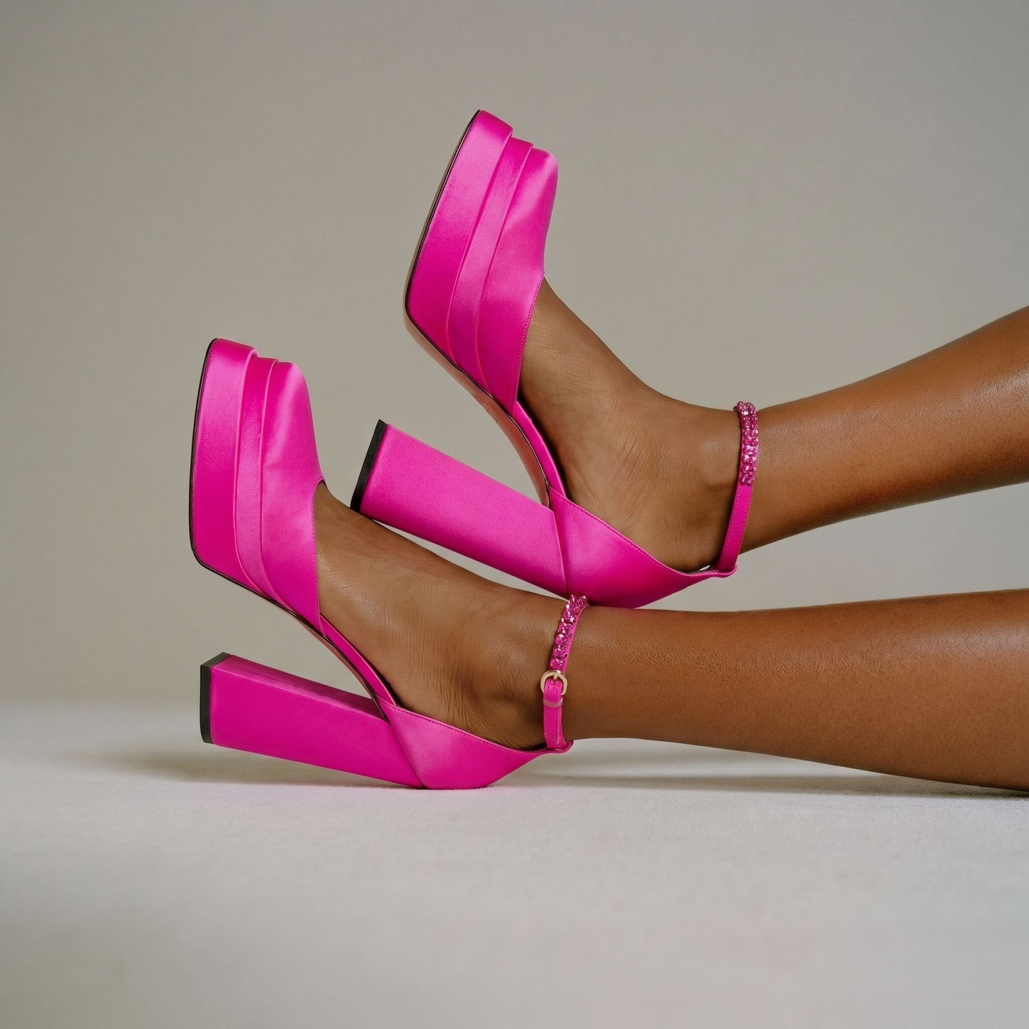 Bright pink high-heeled shoes worn by a person on a neutral background