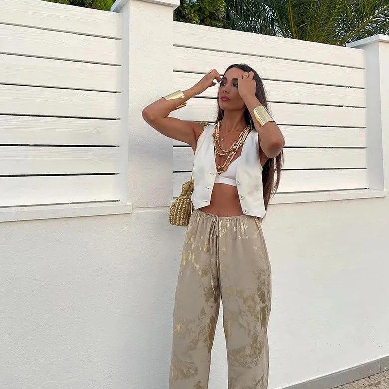 Golden Hour Drawstring Wide Leg Pants - Pants - Mermaid Way