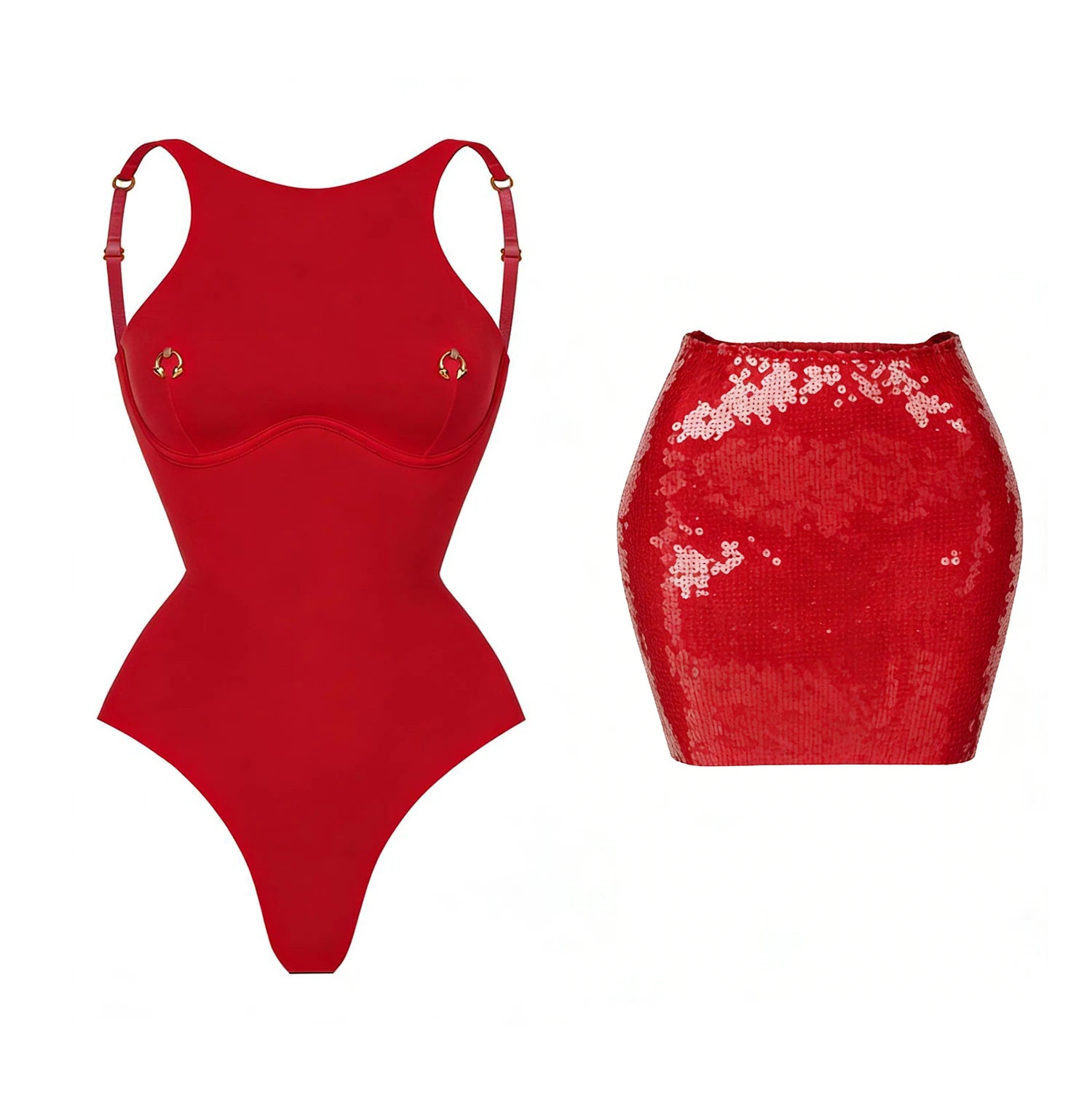 Red bodysuit with sequin skirt on a white background