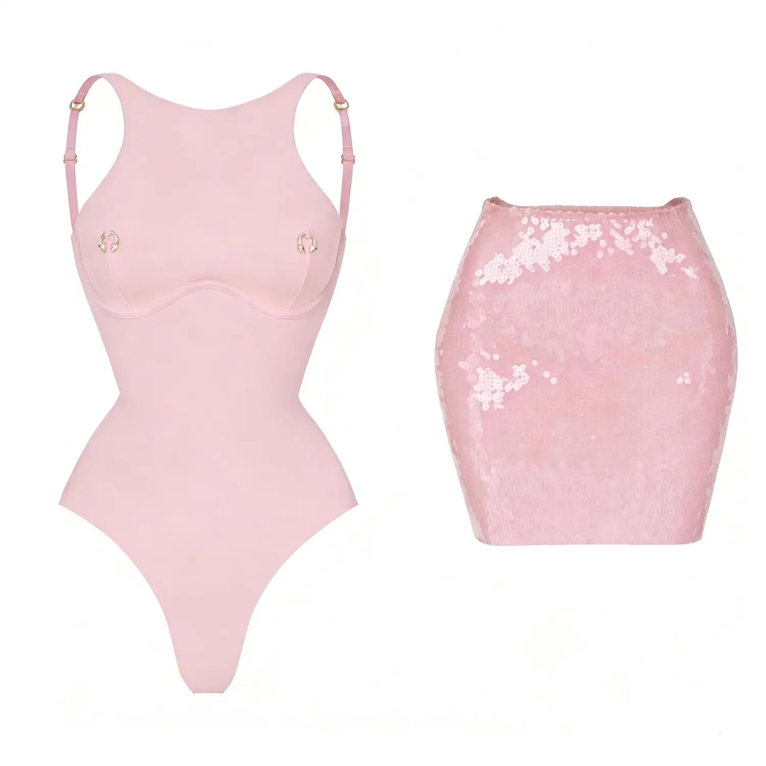 Pink bodysuit with sequin skirt on a white background