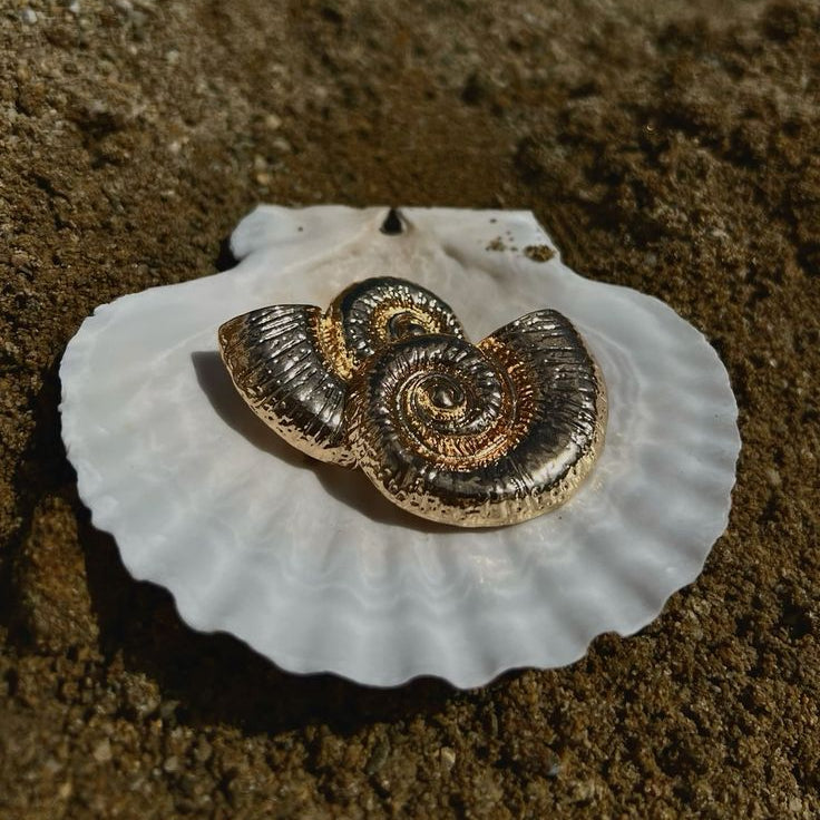 Gold and silver spiral brooch on a white shell against a sandy background