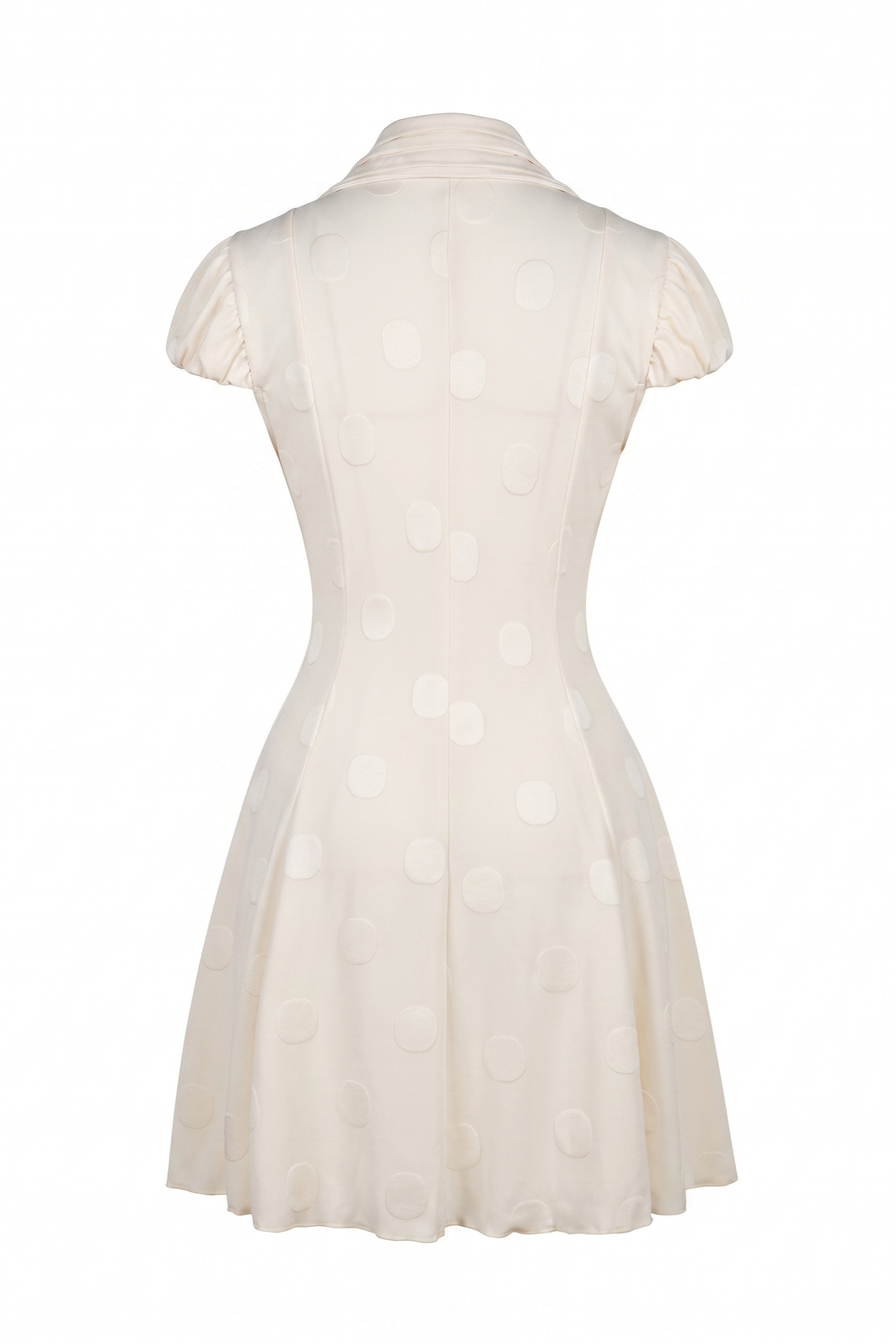 An off-white or cream-colored short-sleeve dress with a high mock neck, structured corset-style back, and a flared skirt, shown from the back against a plain white background.