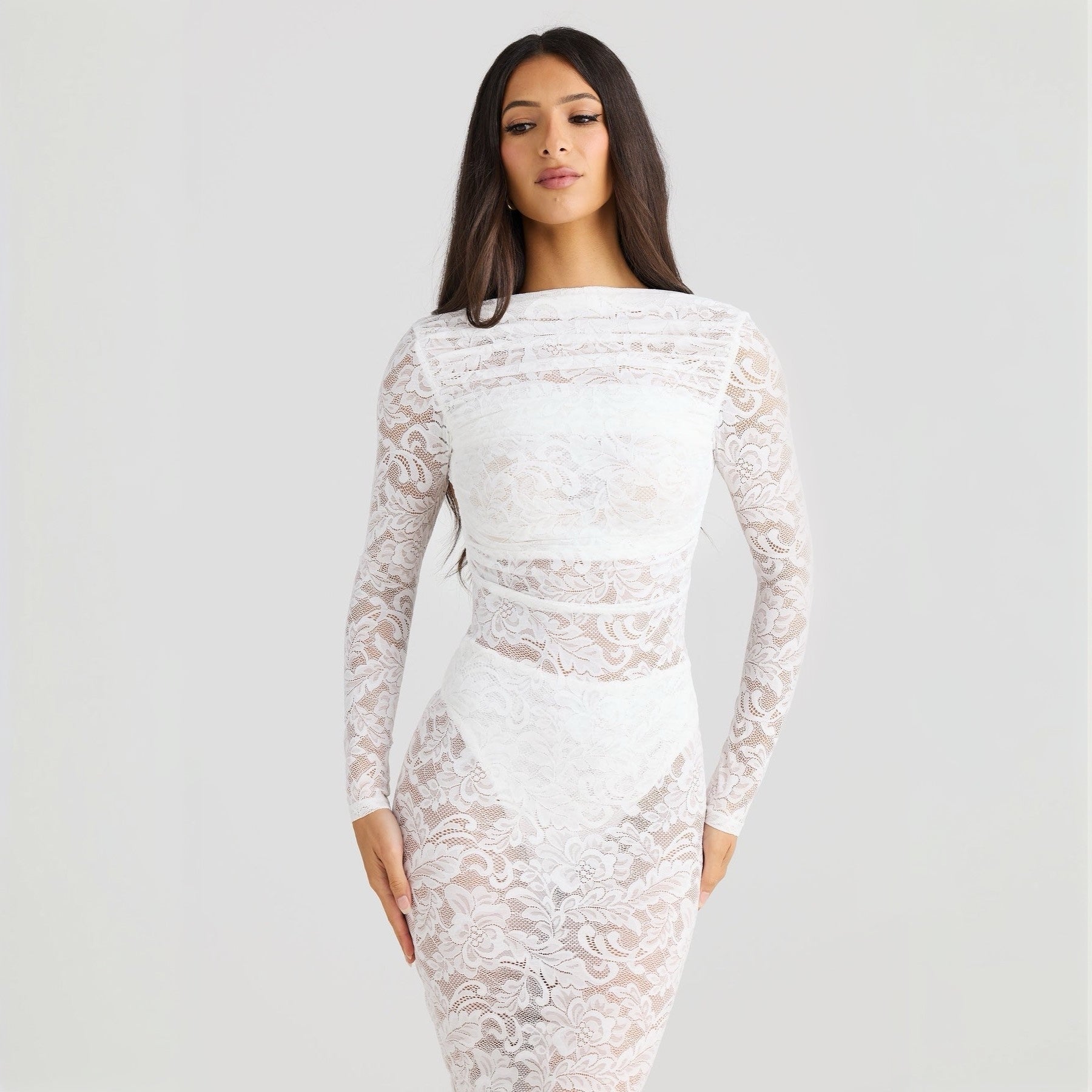 Stella Lace Backless Sculpting Ruched White Maxi Dress