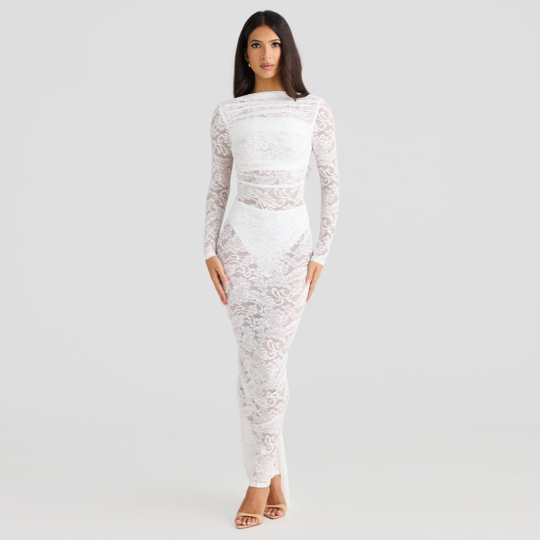 Stella Lace Backless Sculpting Ruched White Maxi Dress
