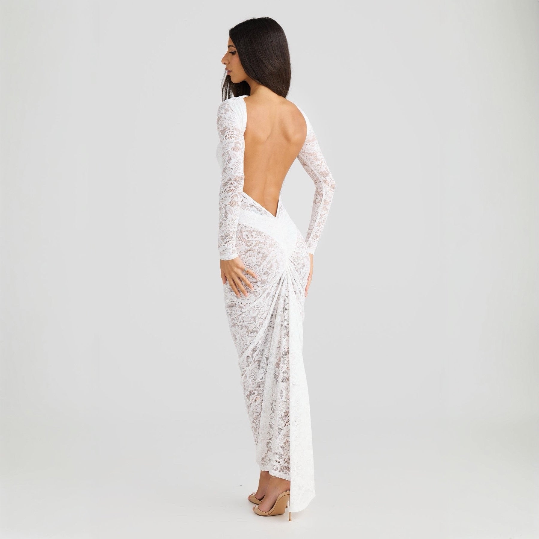 Stella Lace Backless Sculpting Ruched White Maxi Dress