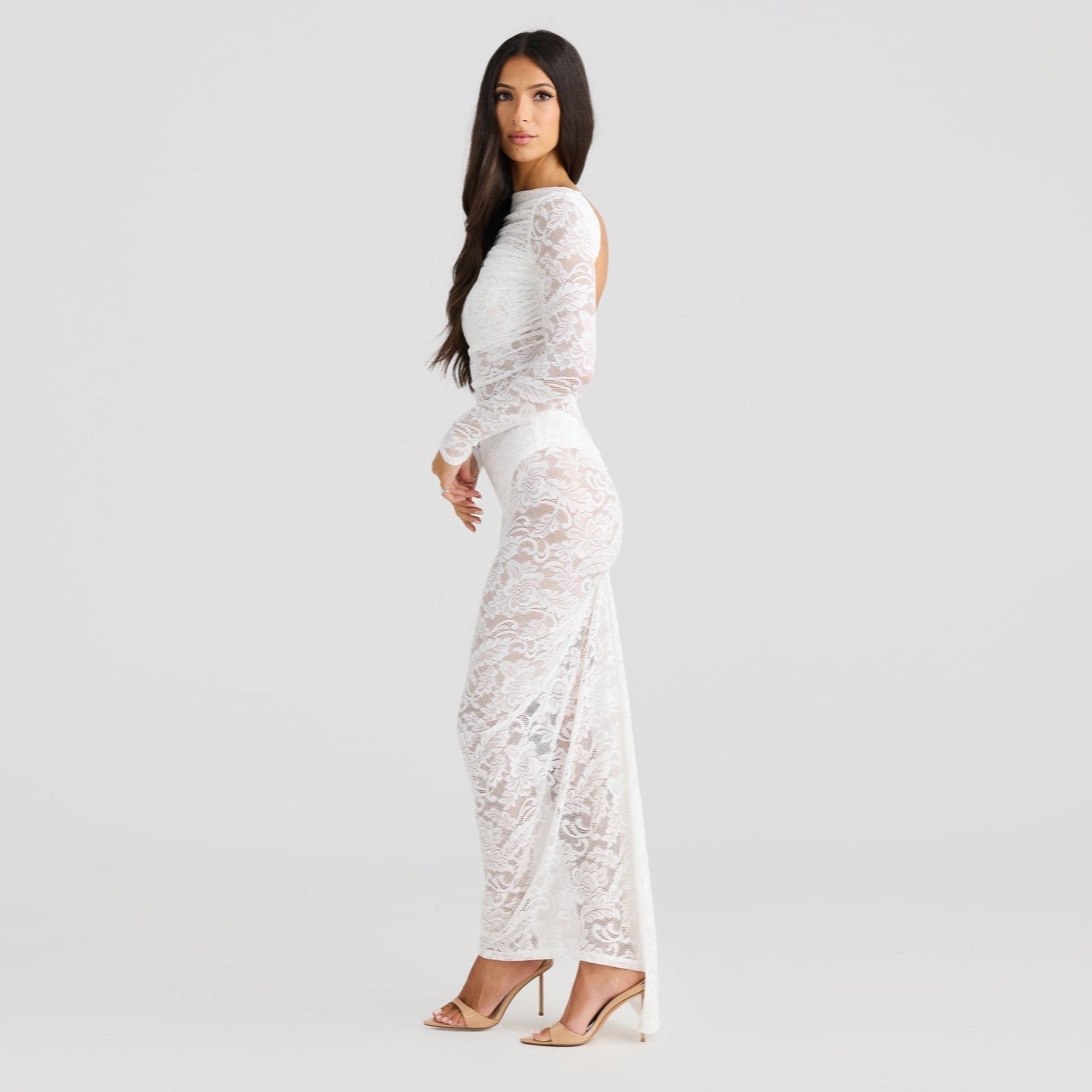 Stella Lace Backless Sculpting Ruched White Maxi Dress