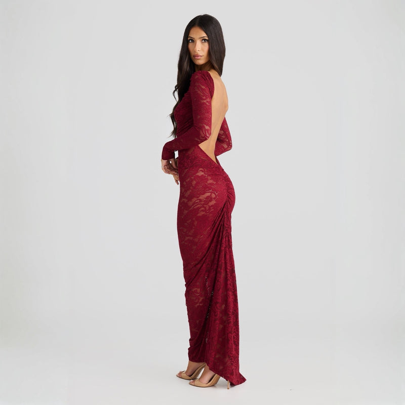 Stella Lace Backless Ruched Burgundy Maxi Dress