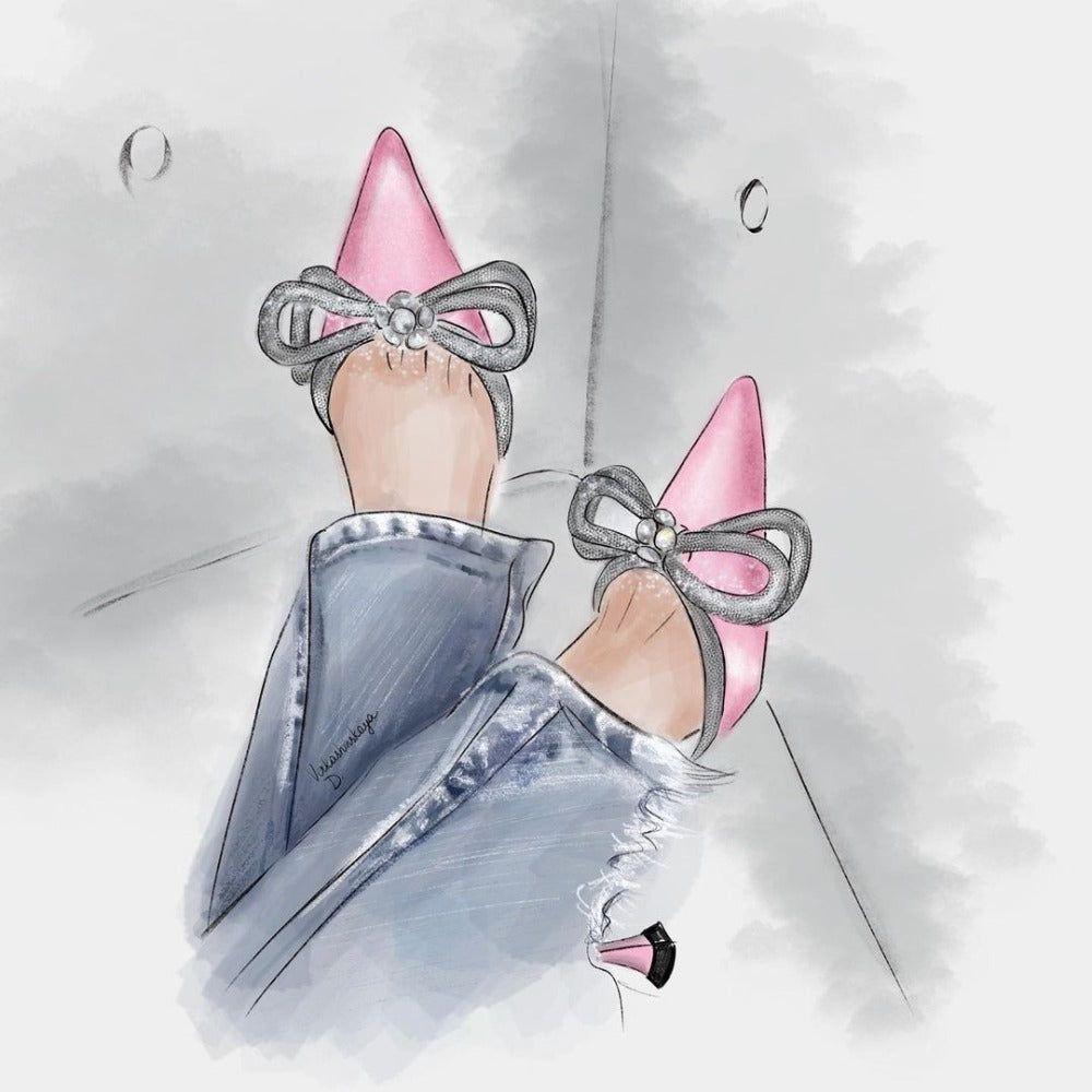 Illustration of high-heeled shoes with pink tops and silver bows on a light gray background.