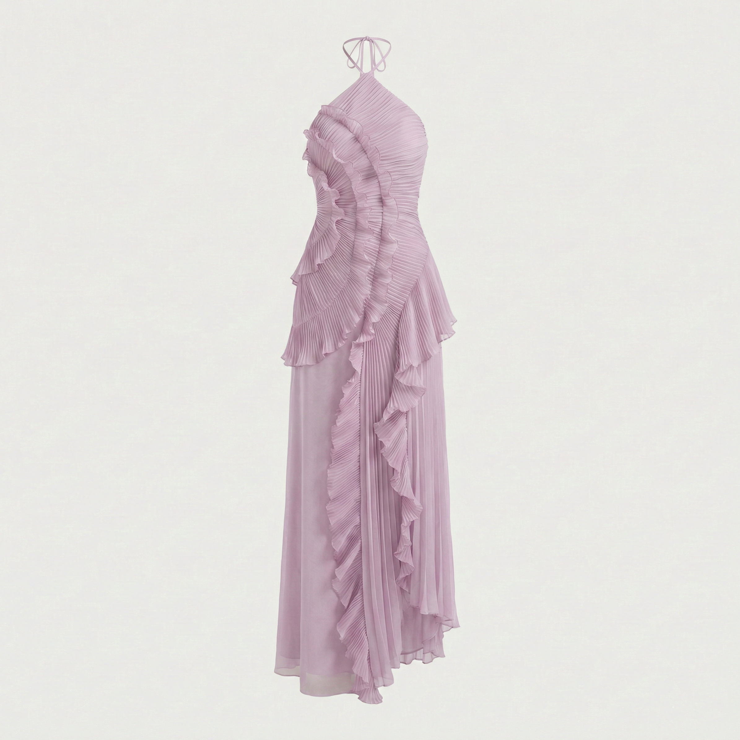 Purple ruffled dress on a white background