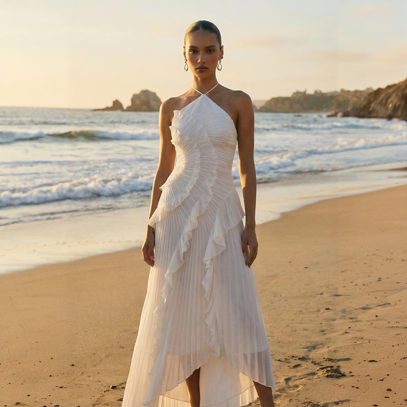 white tea dress Rose Pleated Midi bob mackie vintage gown You've probably never heard line skirt Fabric Color:Yellow/Cream