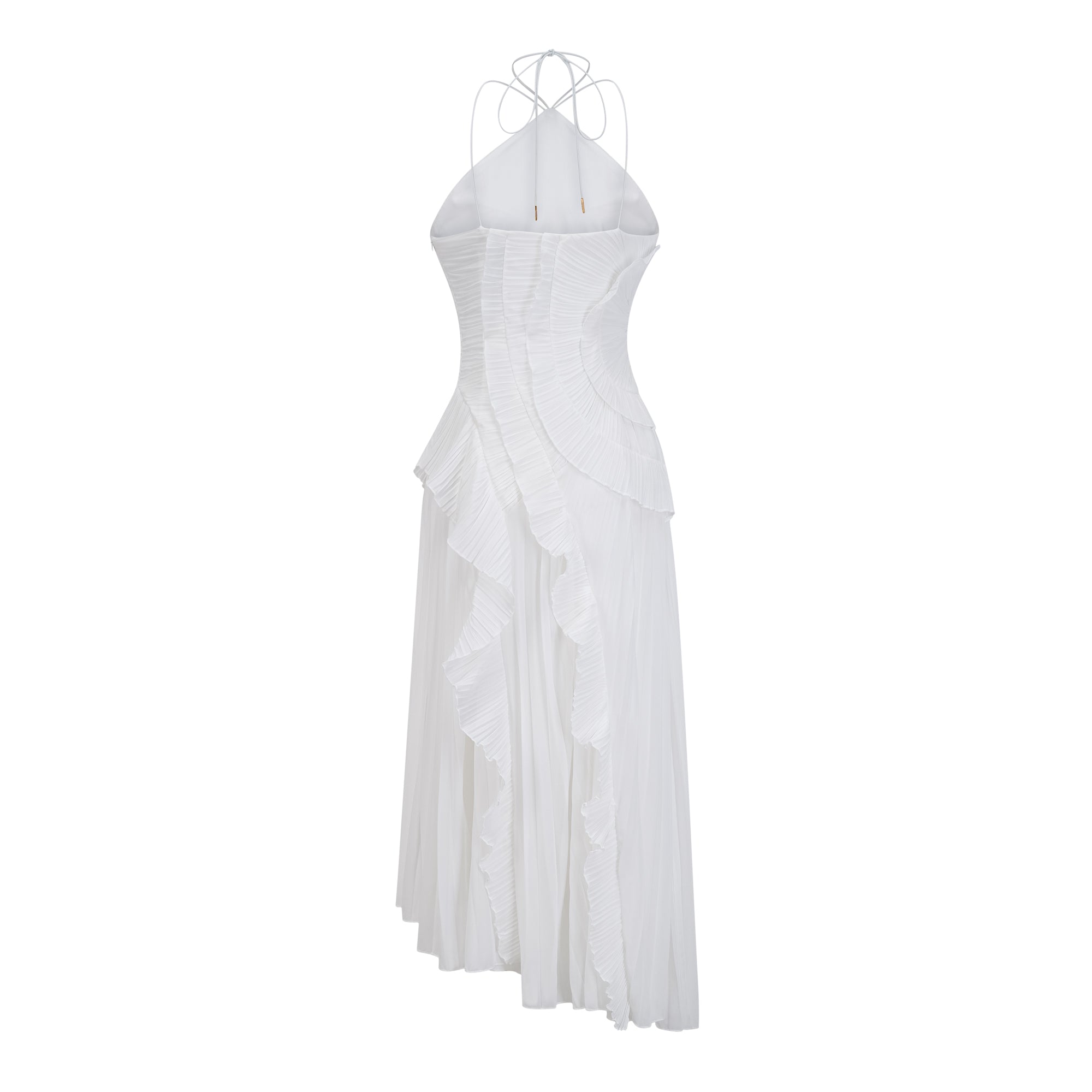 White halter neck dress with ruffled layers on a white background