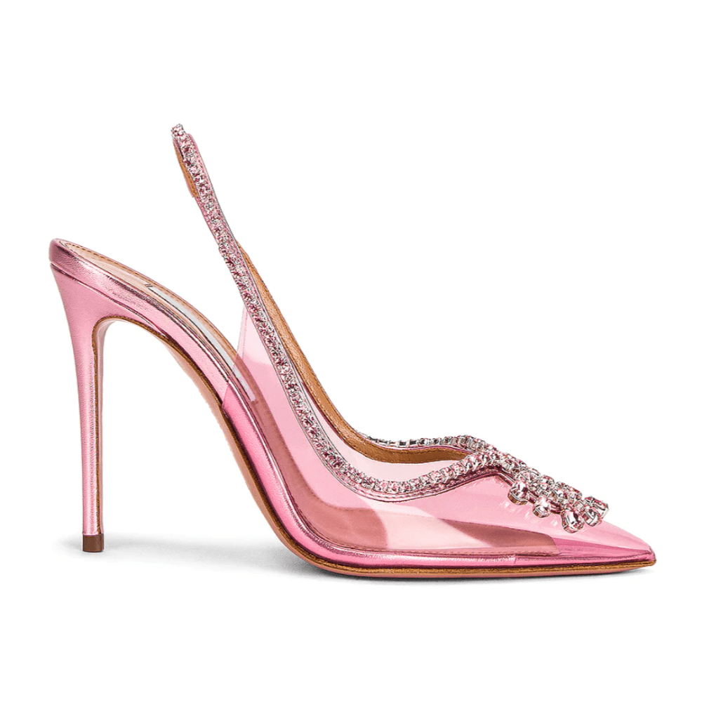 Pink high-heeled shoe with embellishments on a white background
