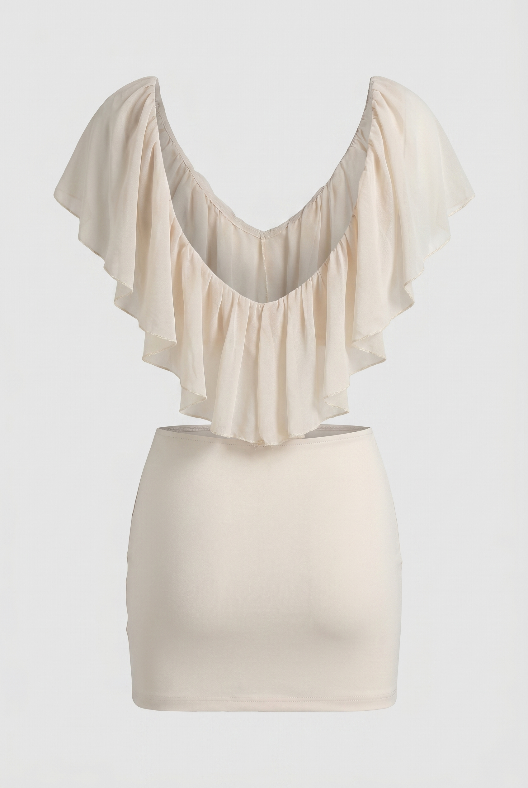 Trix ivory two piece set with flowing ruffle top and fitted skirt, full look